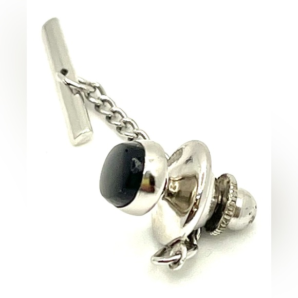 Vintage silver tone And black onyx stone Tie Tack - Picture 2 of 4